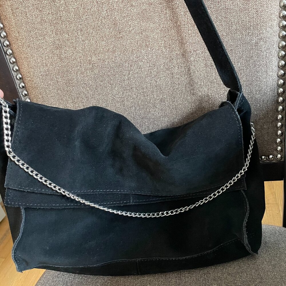 Zara Trafaluc black suede top flop bag with chain
